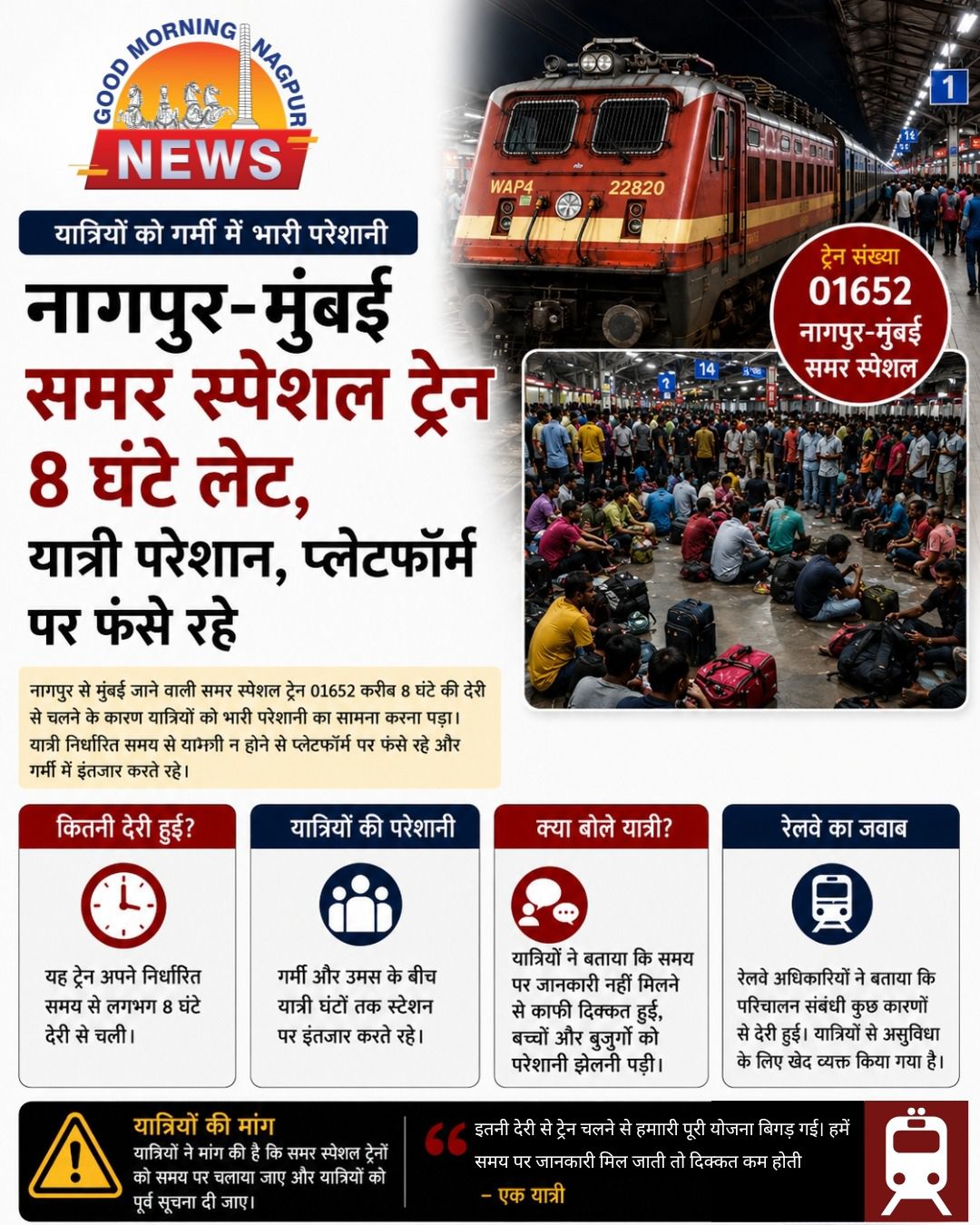नागपुर-मुंबई ट्रेन 8 घंटे लेट, भीषण गर्मी में यात्री परेशान