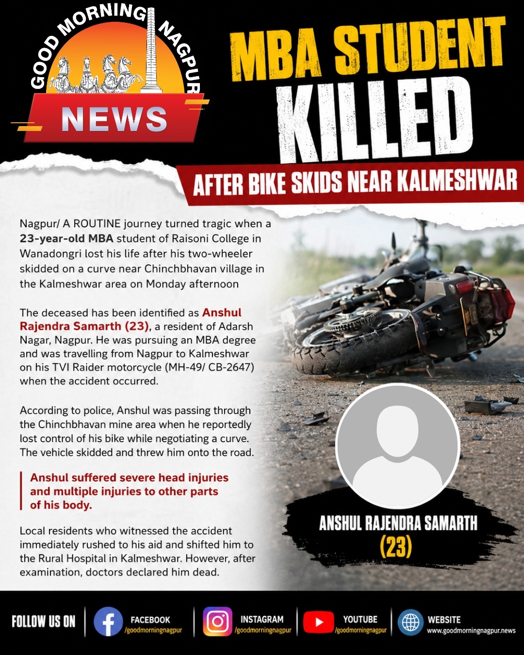 MBA Student Dies in Road Accident Near Kalmeshwar After Bike Loses Control