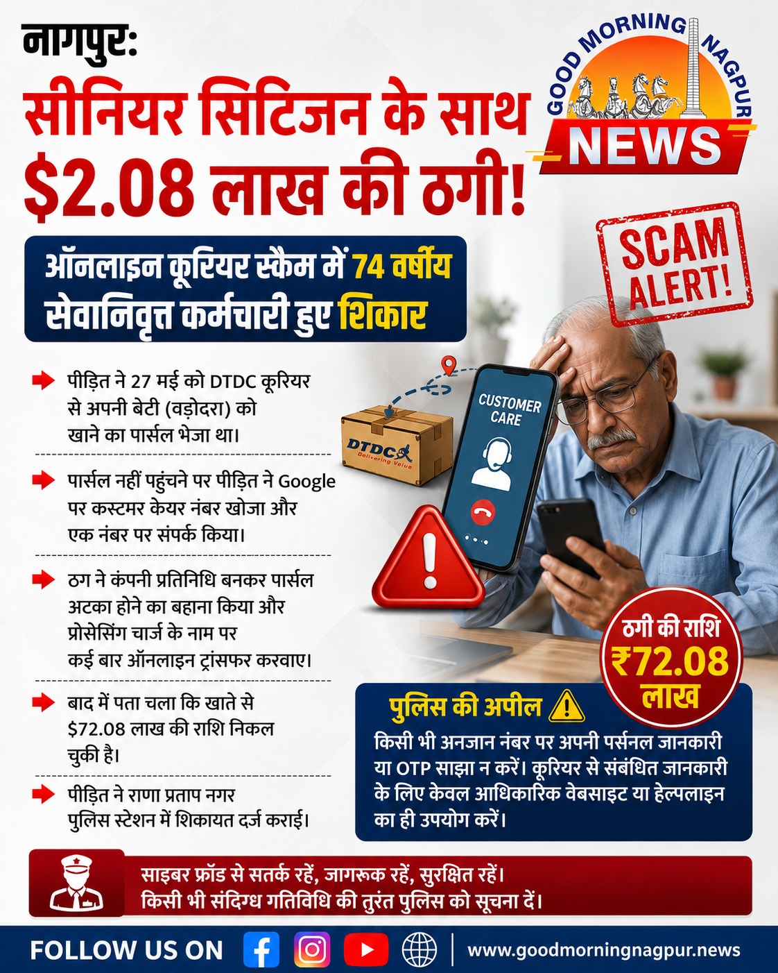सीनियर सिटीजन बने साइबर ठगी का शिकार, कूरियर स्कैम में गंवाए ₹72.08 लाख