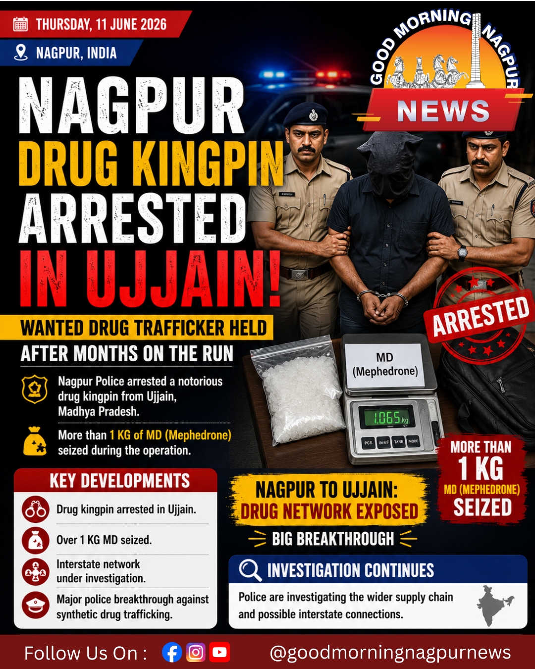 Nagpur Drug Kingpin Arrested in Ujjain After Months on the Run; Over 1 KG MD Seized