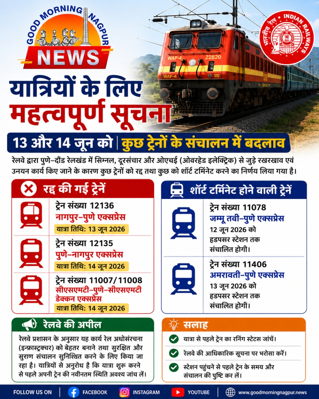 यात्रियों के लिए महत्वपूर्ण सूचना: 13 और 14 जून को कई ट्रेनें रद्द, कुछ के संचालन में बदलाव