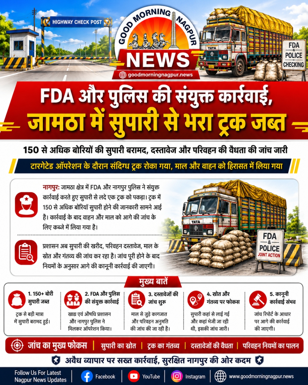 जामठा में FDA और पुलिस की संयुक्त कार्रवाई, सुपारी से भरा ट्रक जब्त