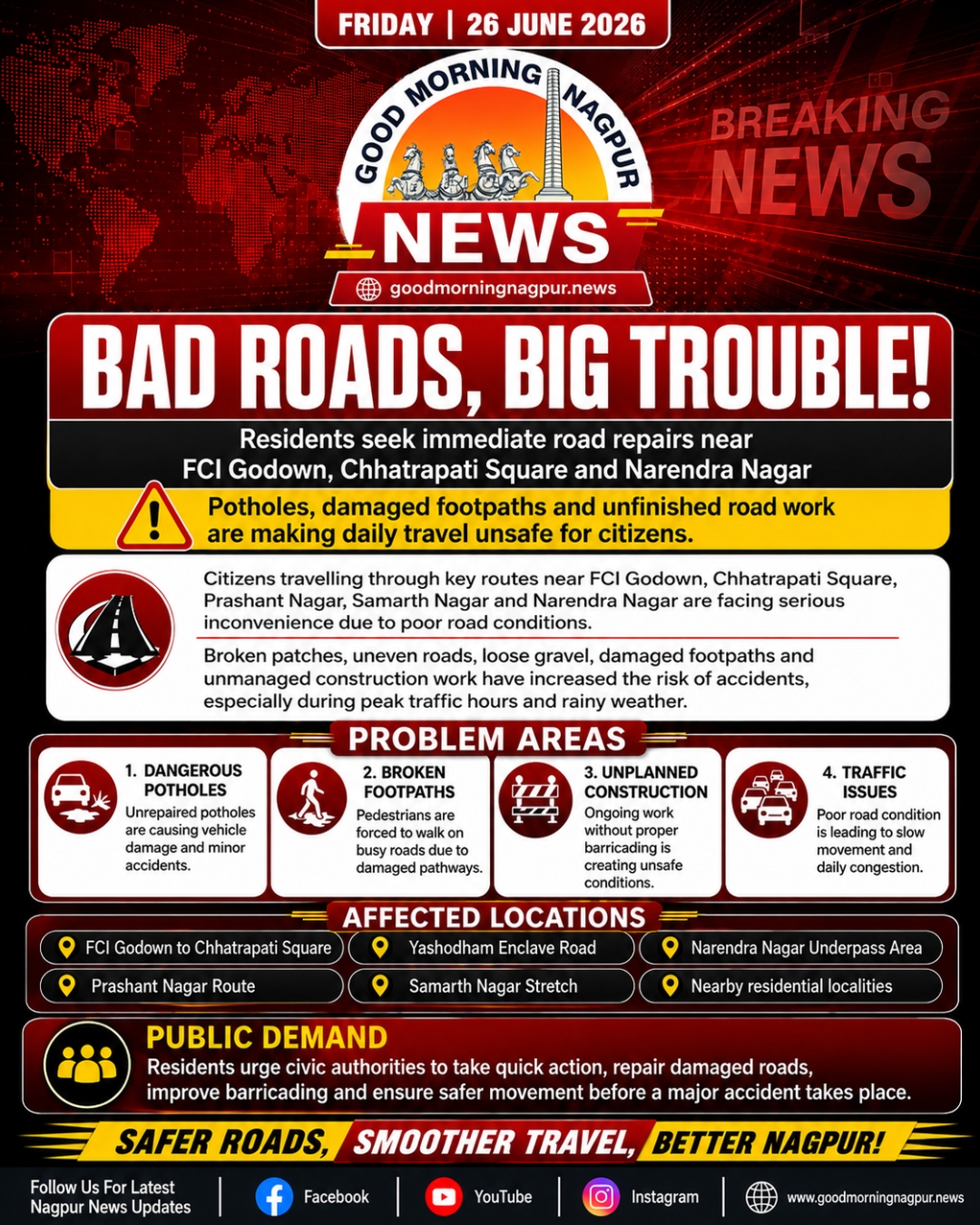 Residents Demand Urgent Road Repairs Near FCI Godown and Narendra Nagar