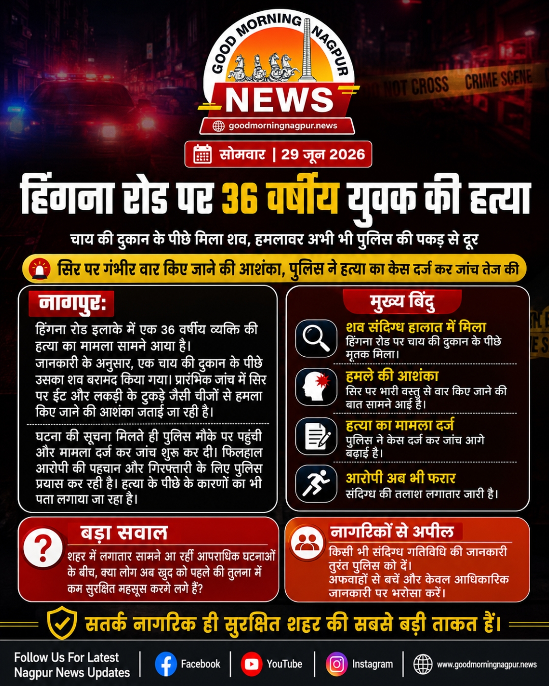 हिंगना रोड पर 36 वर्षीय युवक की हत्या, चाय की दुकान के पीछे मिला शव