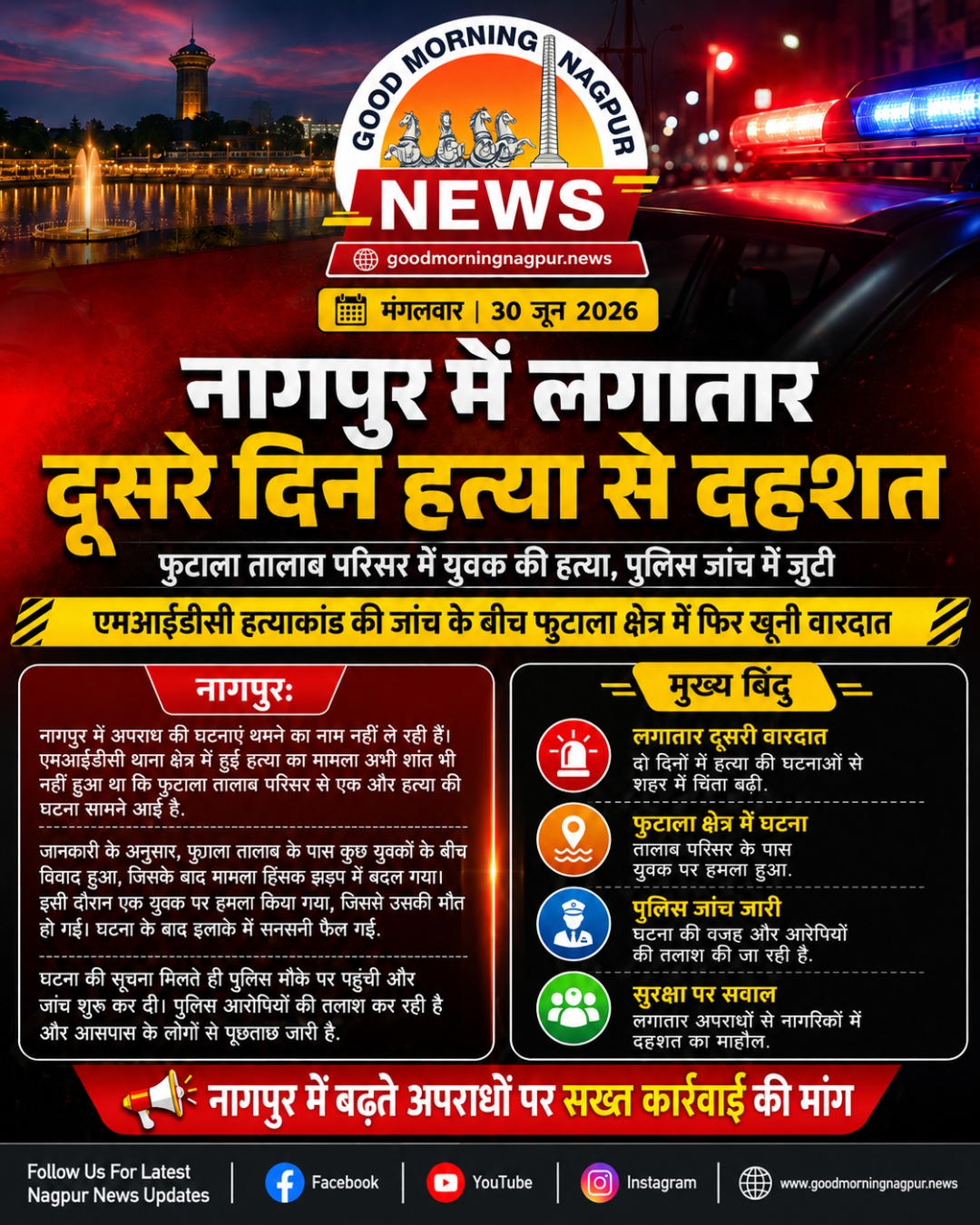 नागपुर में लगातार दूसरे दिन हत्या से दहशत, फुटाला तालाब परिसर में युवक की मौत