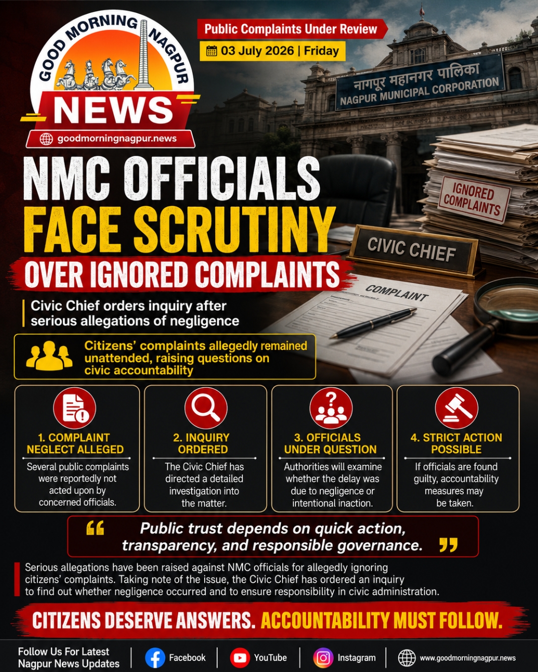 NMC Officials Face Scrutiny Over Ignored Public Complaints, Civic Chief Orders Inquiry