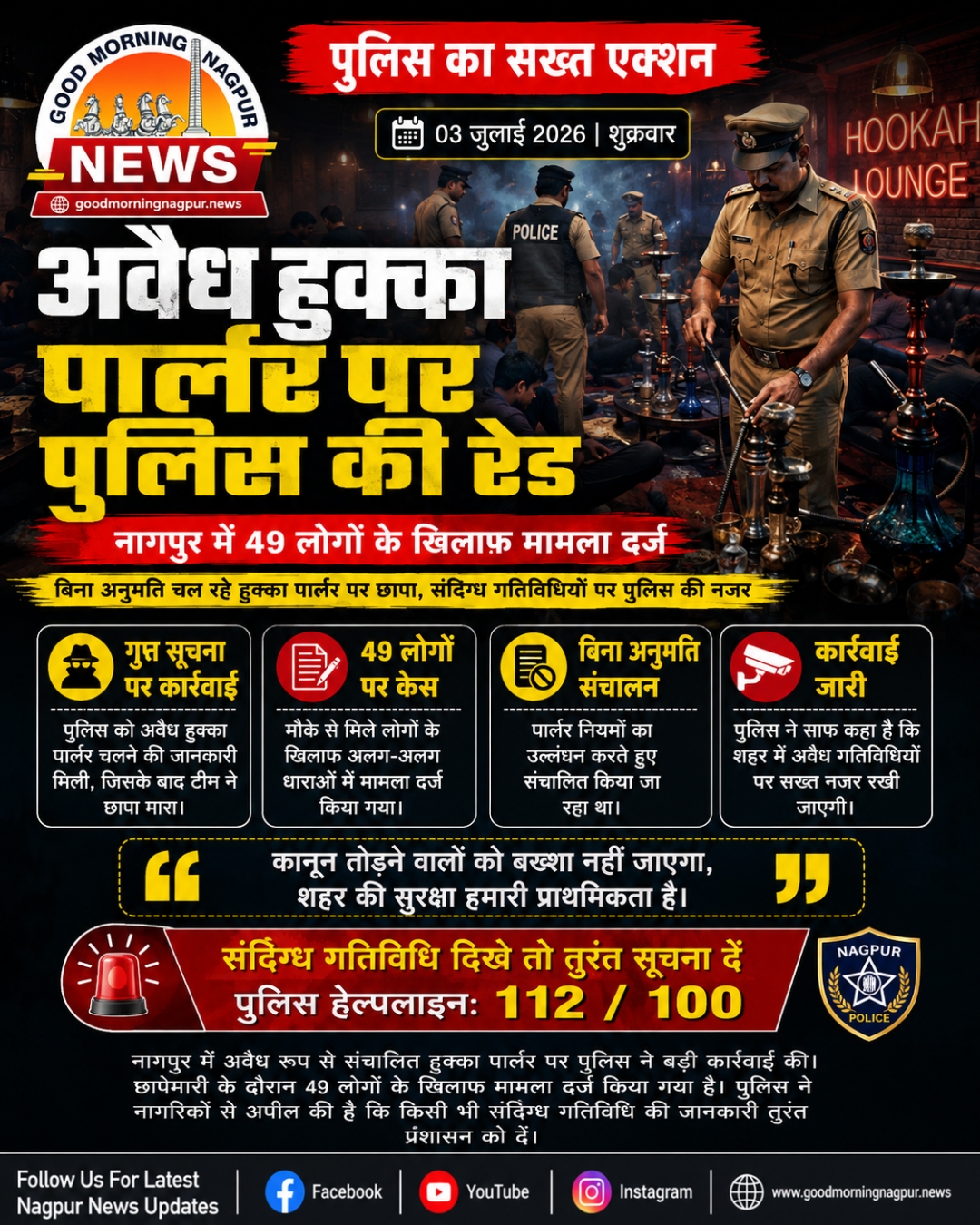 नागपुर में अवैध हुक्का पार्लर पर पुलिस की रेड, 49 लोगों के खिलाफ मामला दर्ज