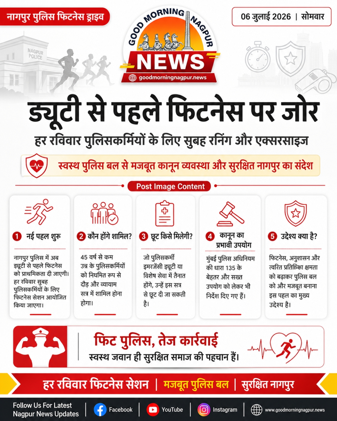 ड्यूटी से पहले फिटनेस पर जोर, नागपुर पुलिस में हर रविवार होगा रनिंग और एक्सरसाइज सेशन