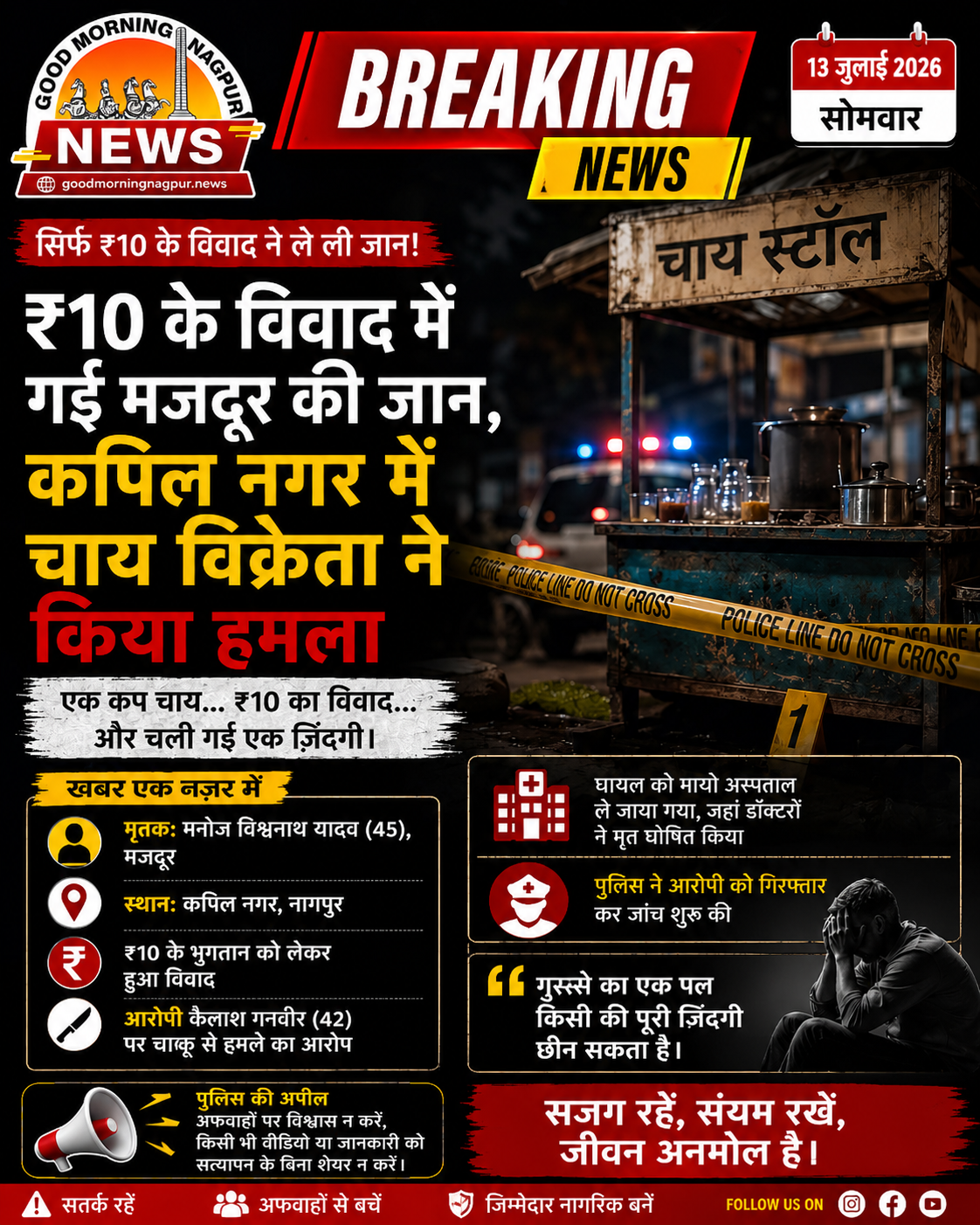 नागपुर के कपिल नगर में  10 के विवाद ने ली मजदूर की जान  चाय विक्रेता पर चाकू से हमले का आरोप