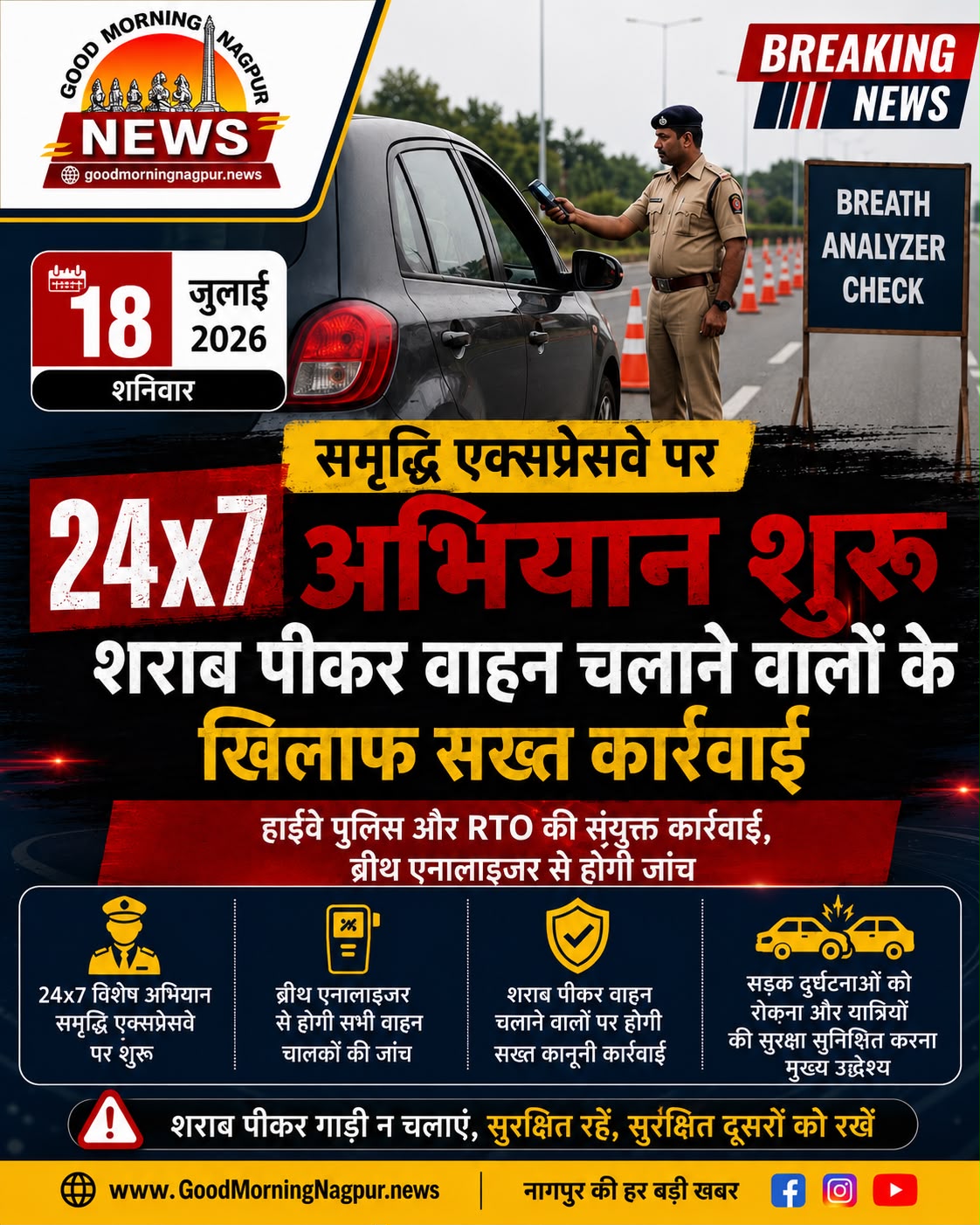 समृद्धि एक्सप्रेसवे पर 24×7 विशेष अभियान शराब पीकर वाहन चलाने वालों पर होगी सख्त कार्रवाई