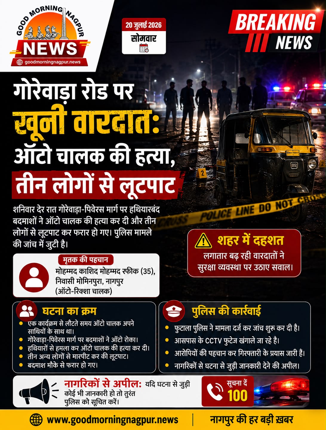 गोरवाड़ा रोड पर खूनी वारदात ऑटो चालक की हत्या  तीन लोगों से मारपीट और लूटपाट