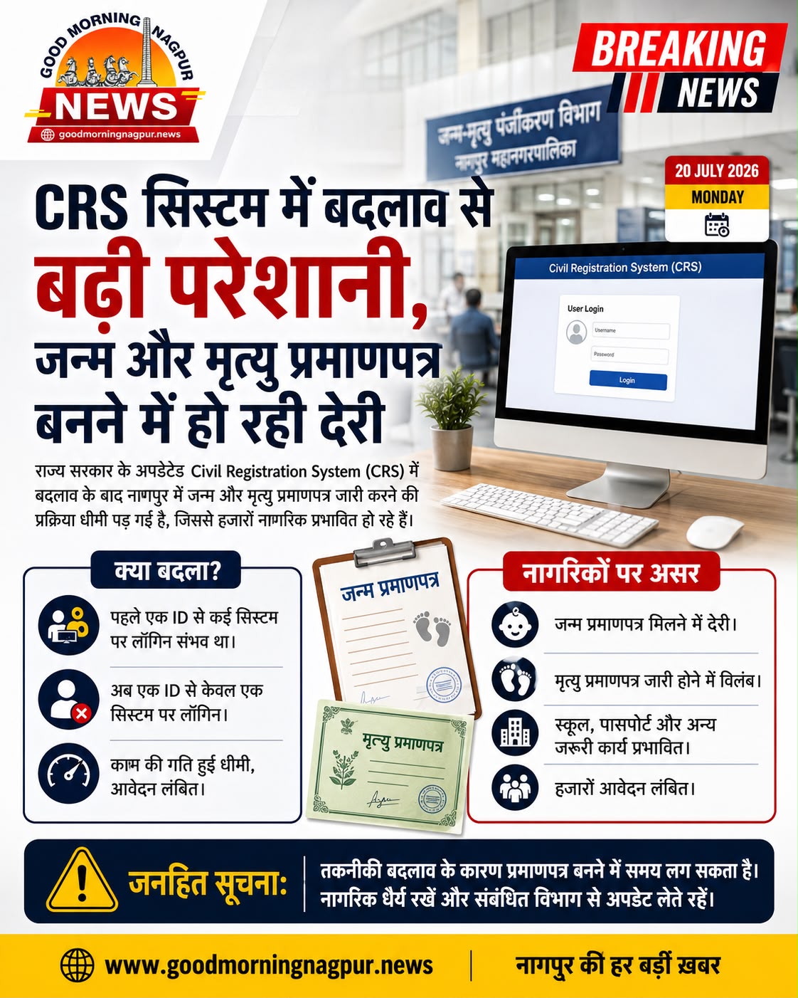 CRS सिस्टम में बदलाव से बढ़ी परेशानी  जन्म और मृत्यु प्रमाणपत्र जारी होने में देरी