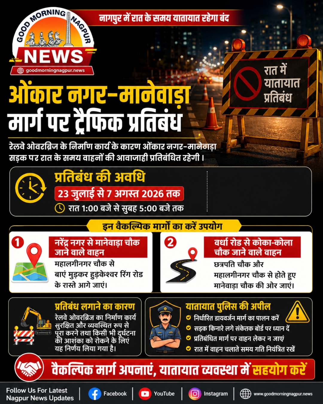ओंकार नगर मानेवाड़ा मार्ग पर रात में यातायात प्रतिबंध वैकल्पिक रास्तों से गुजरेंगे वाहन