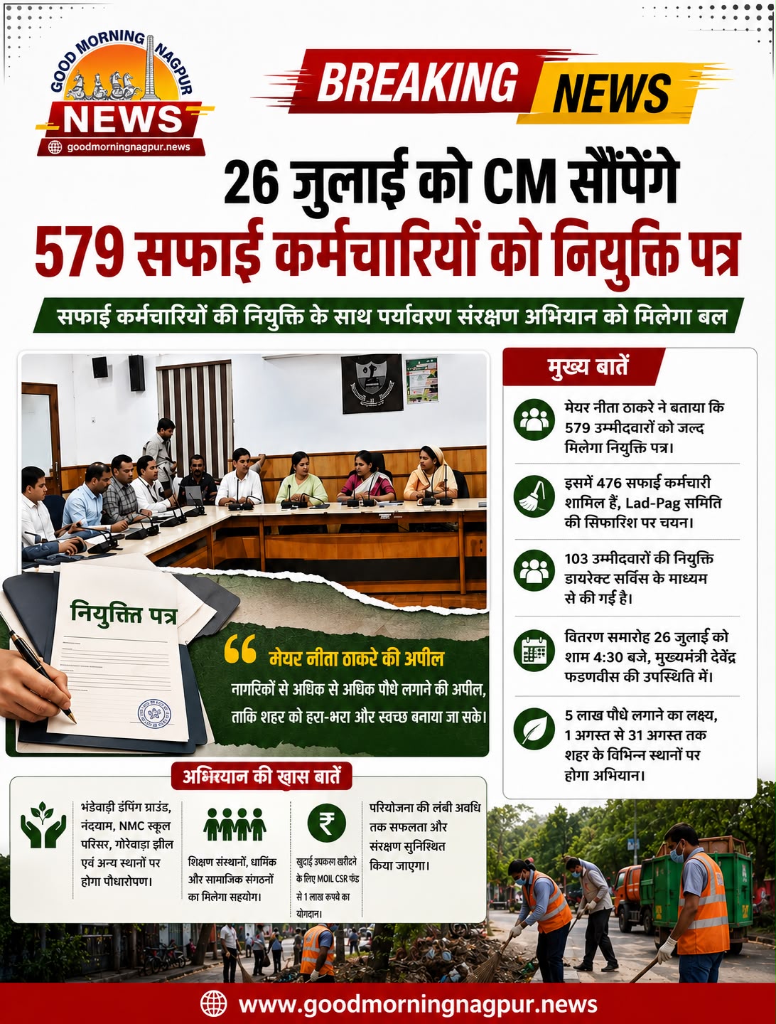 26 जुलाई को 579 सफाई कर्मचारियों को मिलेगा नियुक्ति पत्र मुख्यमंत्री करेंगे वितरण