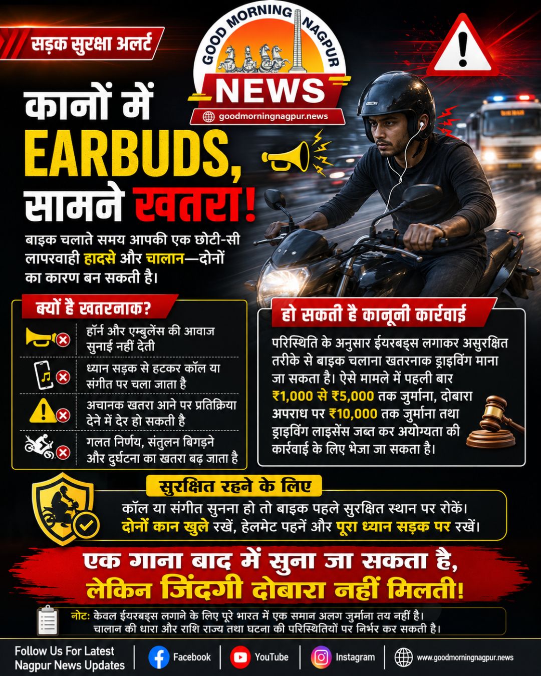 बाइक चलाते समय ईयरबड्स बन सकते हैं हादसे की वजह नियम तोड़ने पर लगेगा जुर्माना