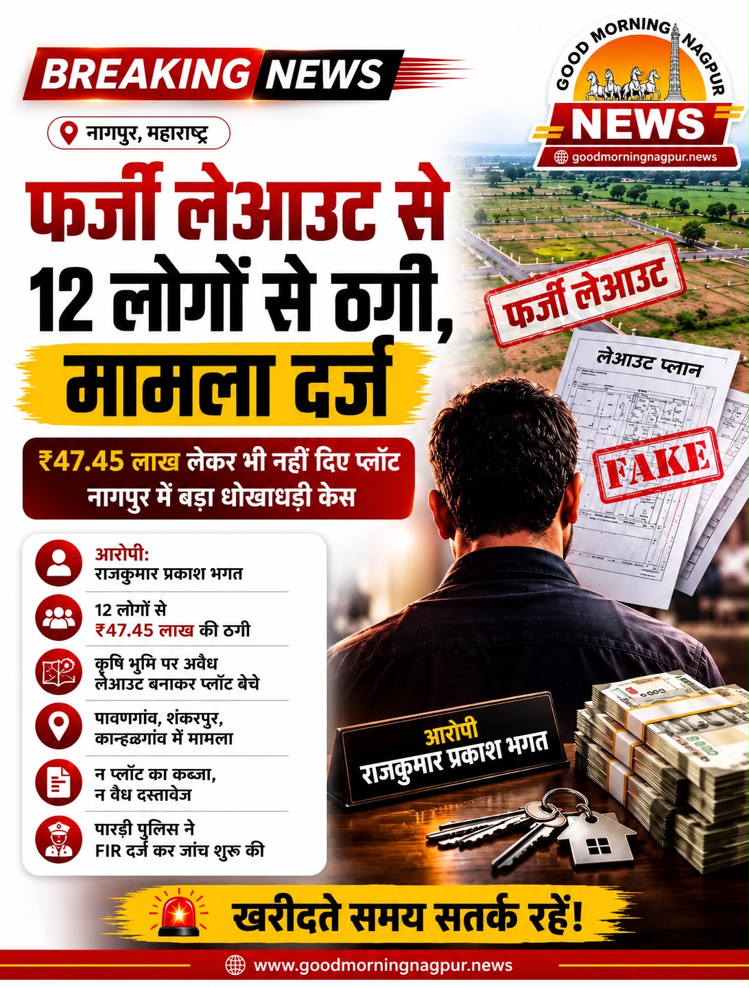 फर्जी लेआउट दिखाकर 12 लोगों से  47.45 लाख की ठगी आरोपी पर मामला दर्ज