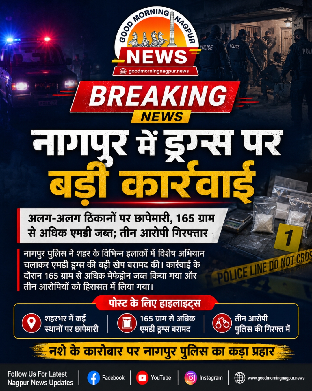 नागपुर में ड्रग्स पर बड़ी कार्रवाई 165 ग्राम से अधिक एमडी जब्त तीन आरोपी गिरफ्तार