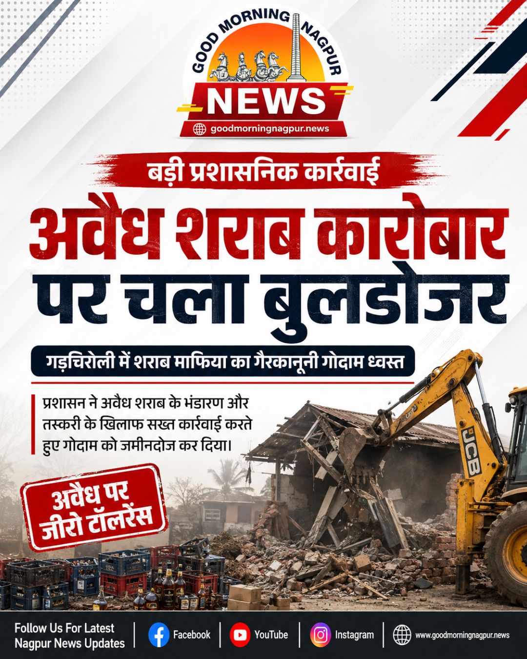 गड़चिरोली में अवैध शराब कारोबार पर बड़ी कार्रवाई गैरकानूनी गोदाम पर चला बुलडोजर