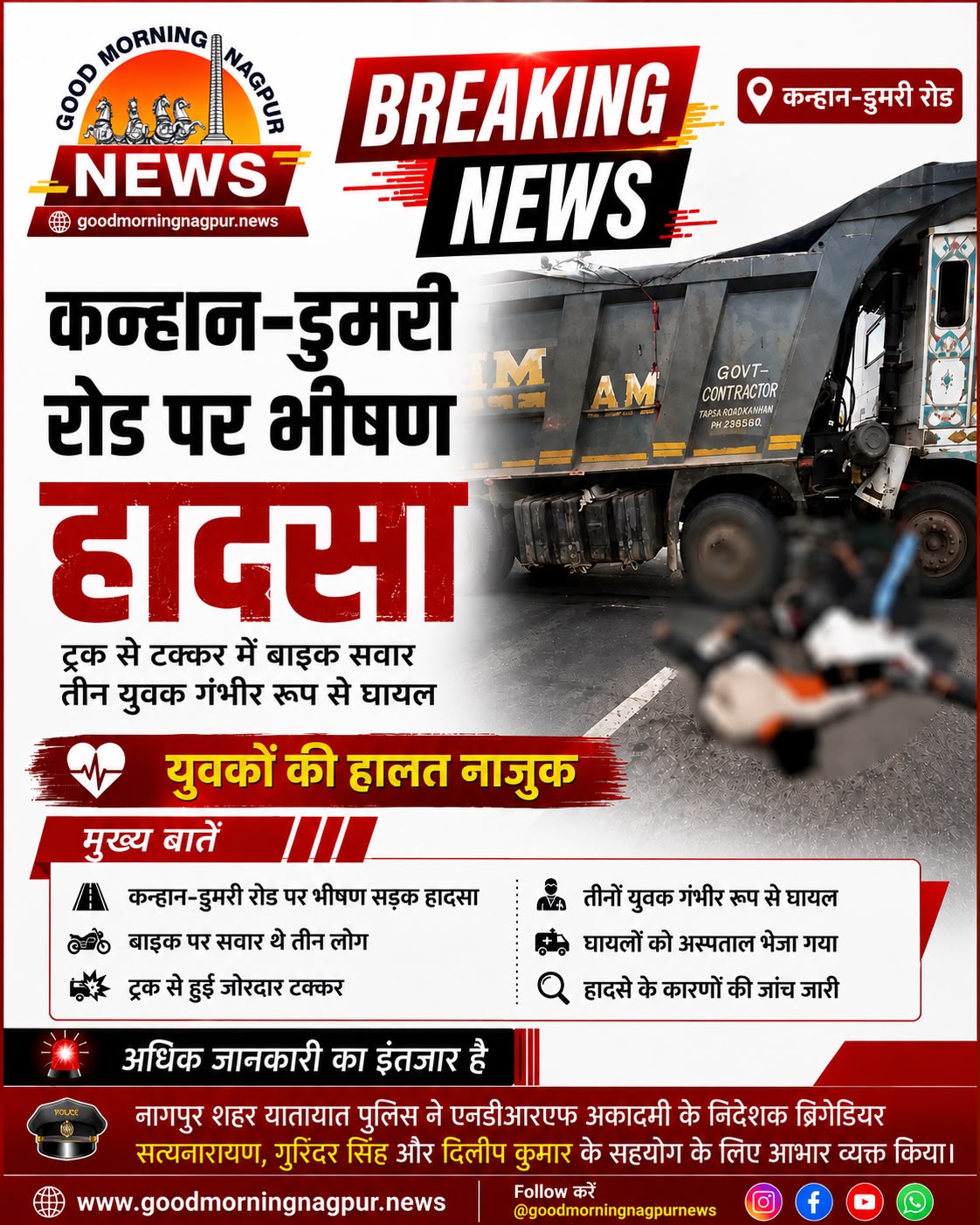 कन्हान उमरी रोड पर भीषण सड़क हादसा ट्रक की टक्कर से बाइक सवार तीन युवक गंभीर घायल