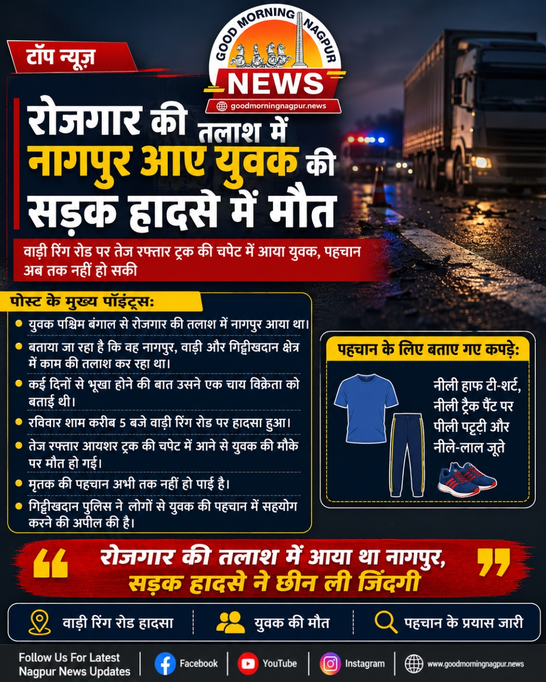 रोजगार की तलाश में नागपुर आए युवक की सड़क हादसे में मौत पहचान अब भी अज्ञात