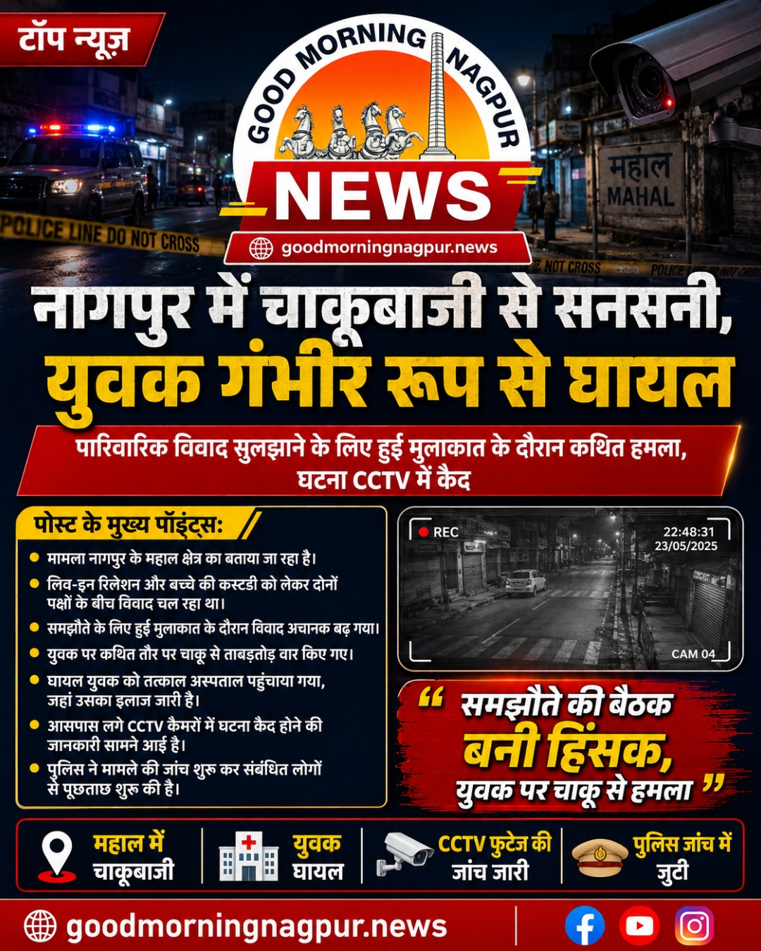 नागपुर के महाल में चाकूबाजी पारिवारिक विवाद सुलझाने की बैठक में युवक गंभीर घायल