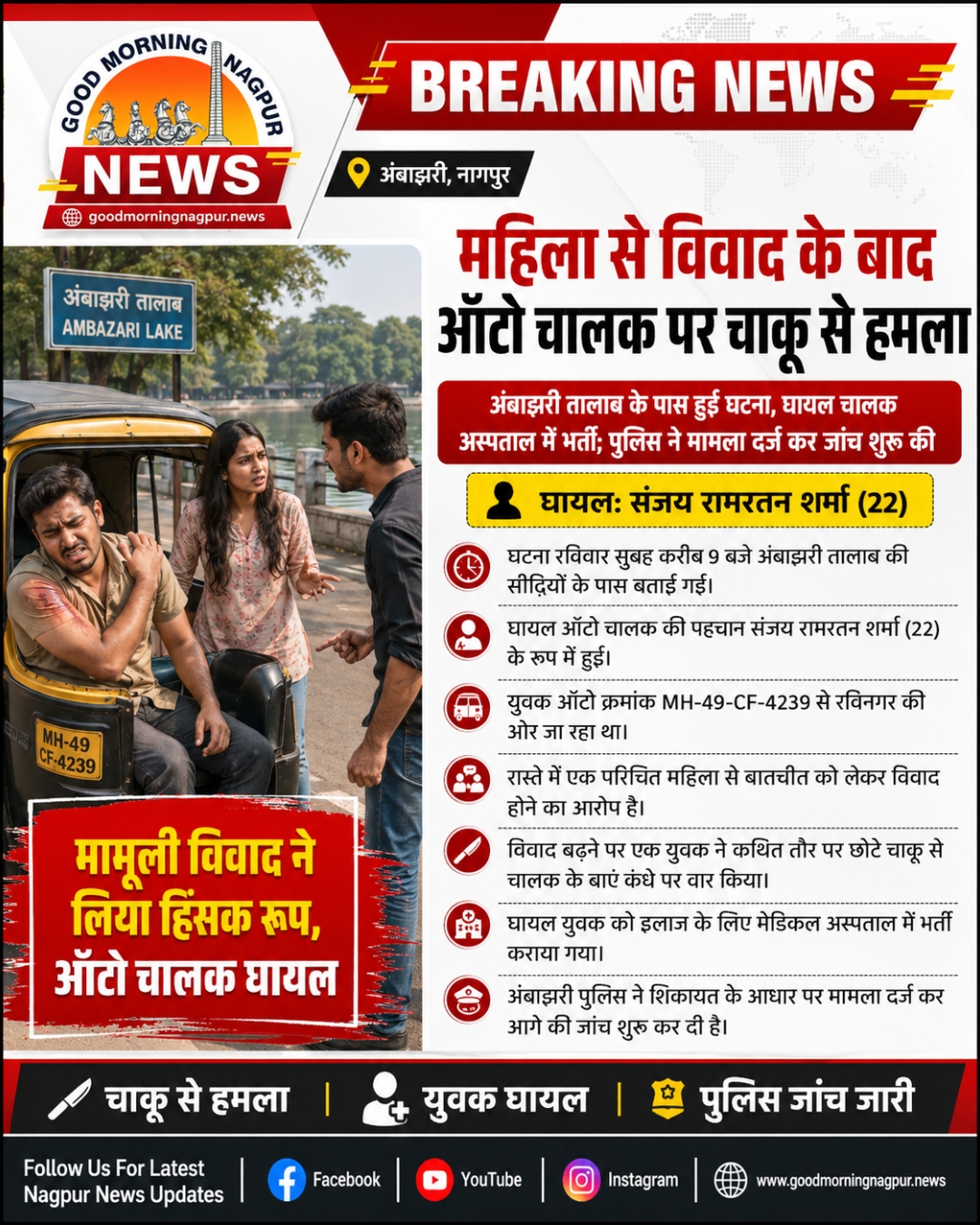 अंबाझरी में महिला से विवाद के बाद ऑटो चालक पर चाकू से हमला 22 वर्षीय युवक घायल