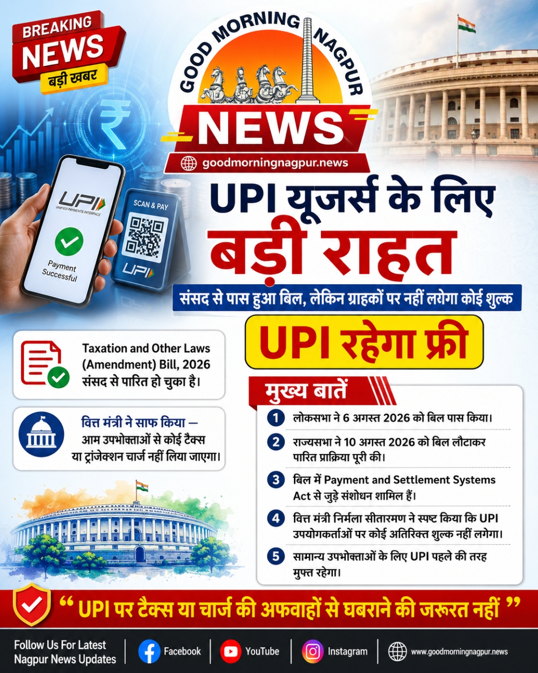 UPI यूजर्स के लिए बड़ी राहत आम ग्राहकों पर नहीं लगेगा ट्रांजैक्शन चार्ज
