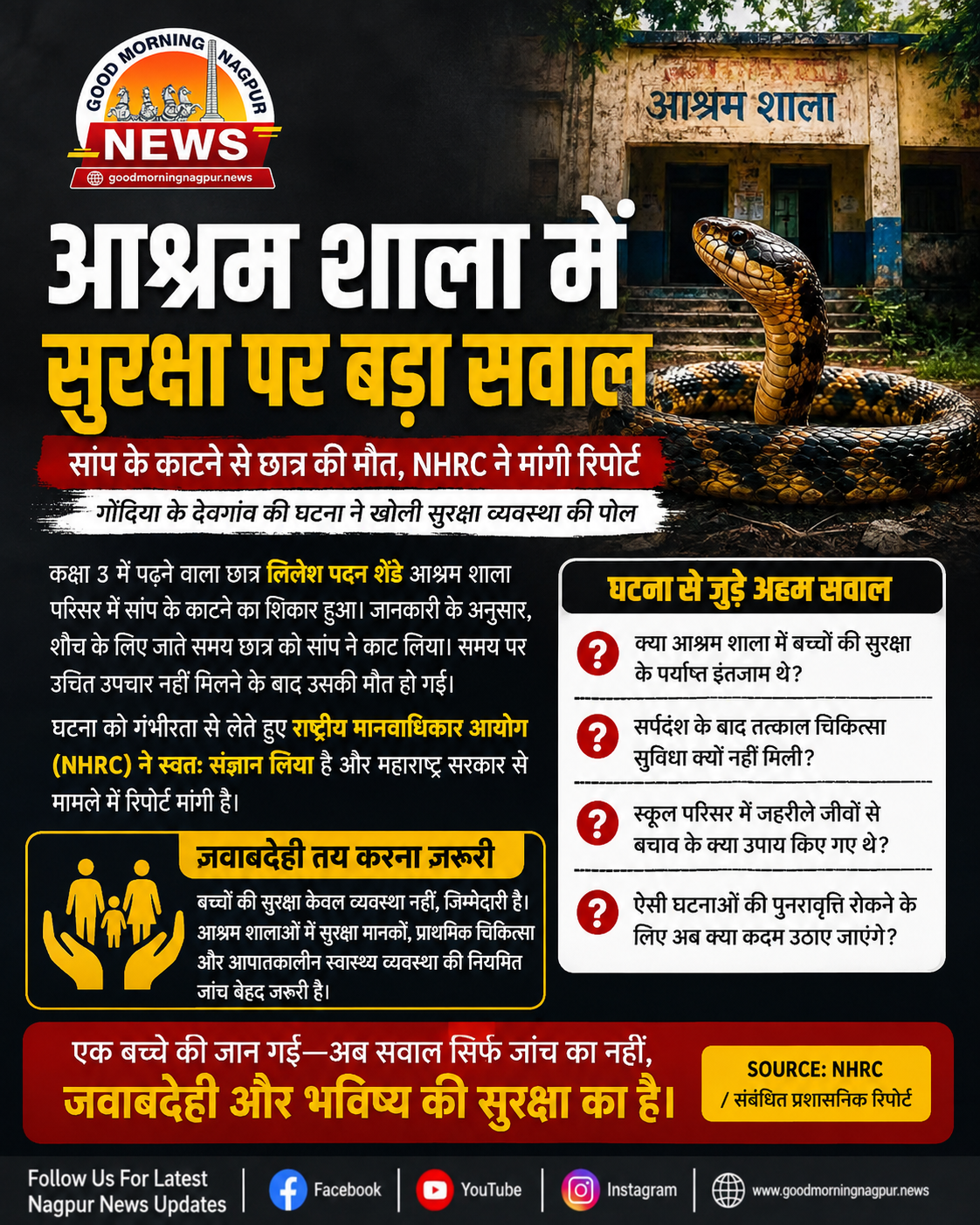 आश्रम शाला में सुरक्षा पर बड़ा सवाल सांप के काटने से छात्र की मौत NHRC ने मांगी रिपोर्ट