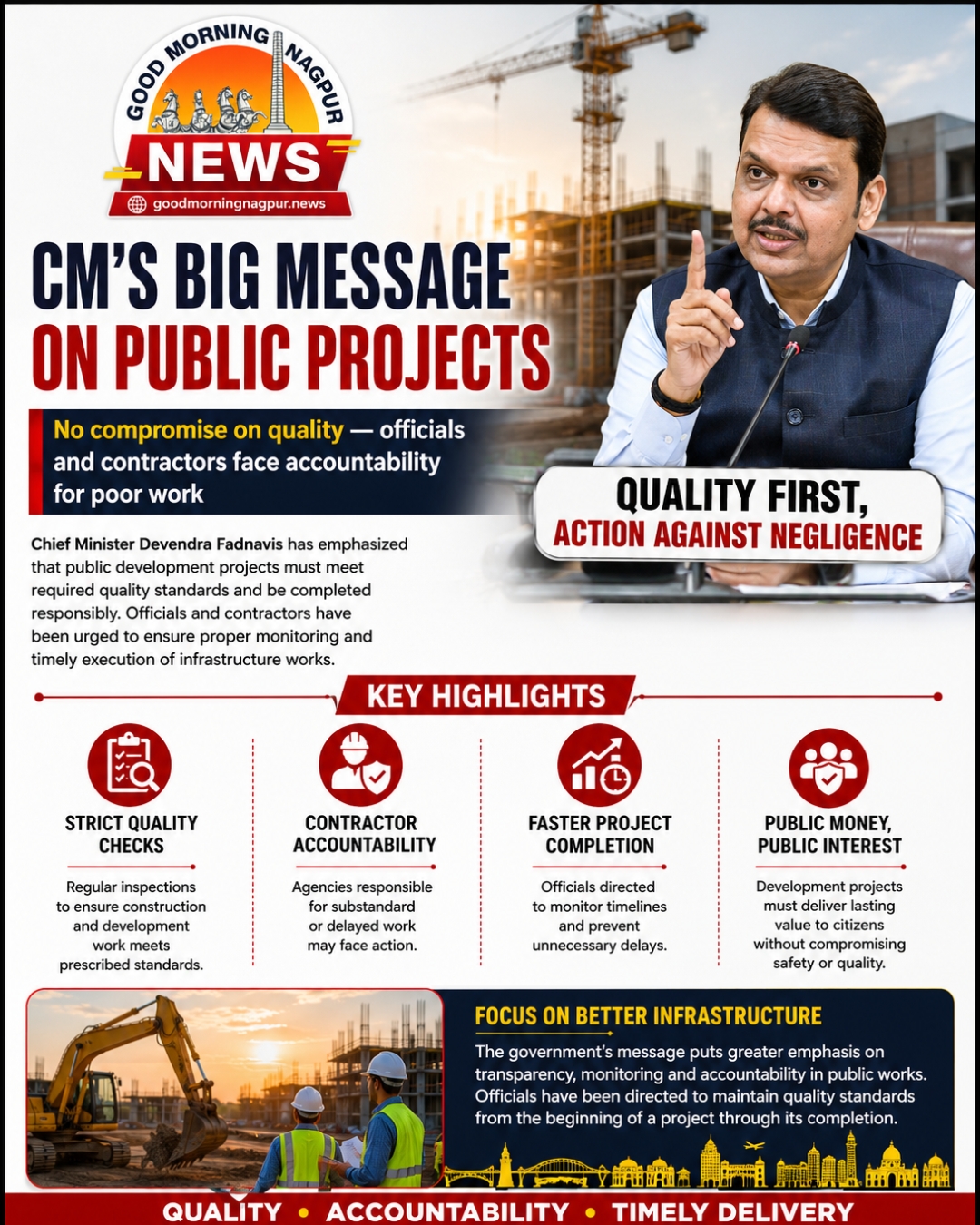 सार्वजनिक परियोजनाओं की गुणवत्ता पर CM फडणवीस सख्त लापरवाही पर कार्रवाई की चेतावनी