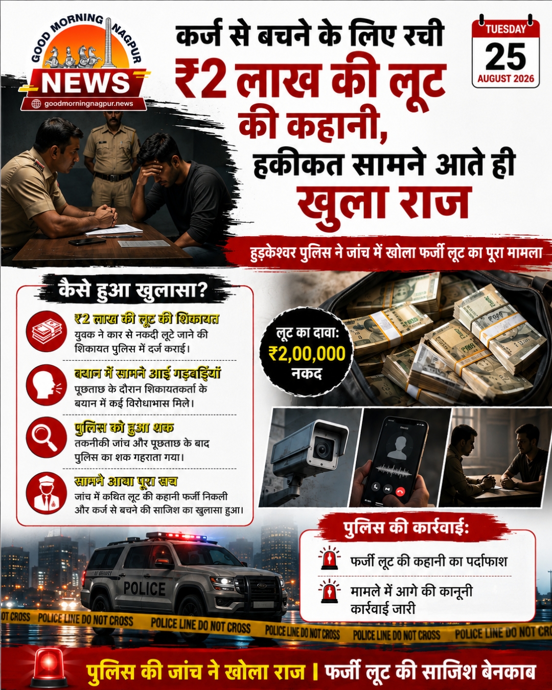 कर्ज से बचने के लिए रची 2 लाख की लूट की झूठी कहानी हुडकेश्वर पुलिस की जांच में बेनकाब हुई साजिश