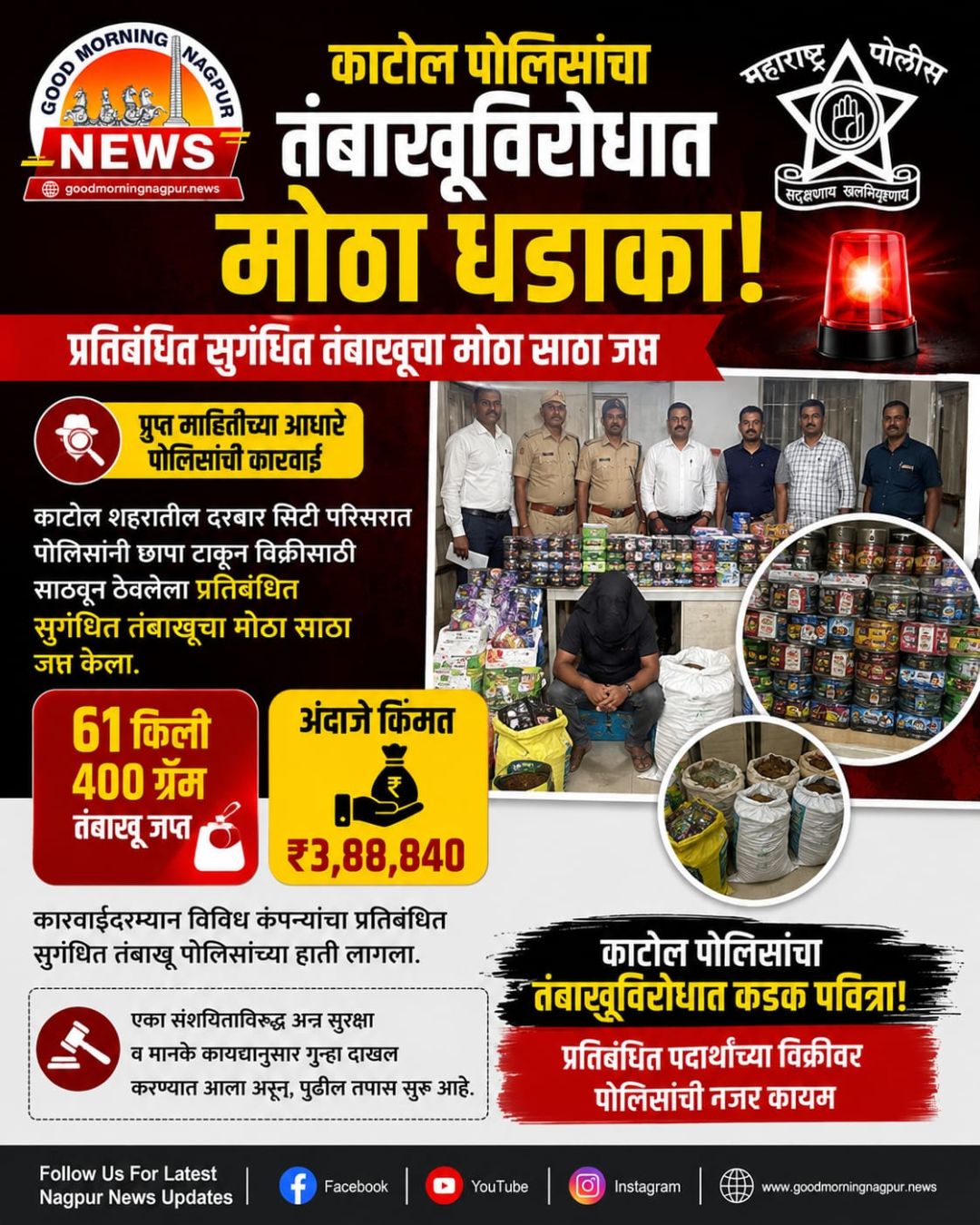 काटोल पुलिस का तंबाकू के खिलाफ बड़ा धमाका 3.88 लाख से अधिक का प्रतिबंधित सुगंधित तंबाकू जब्त