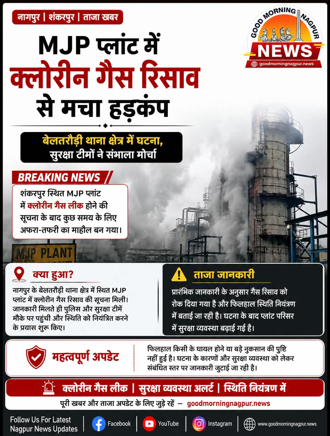 नागपुर के MJP प्लांट में क्लोरीन गैस रिसाव शंकरपुर में मचा हड़कंप स्थिति नियंत्रण में