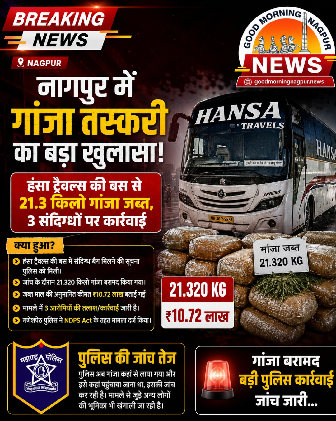 नागपुर में गांजा तस्करी का बड़ा खुलासा बस से 21.320 किलो गांजा जब्त 3 संदिग्धों की तलाश जारी