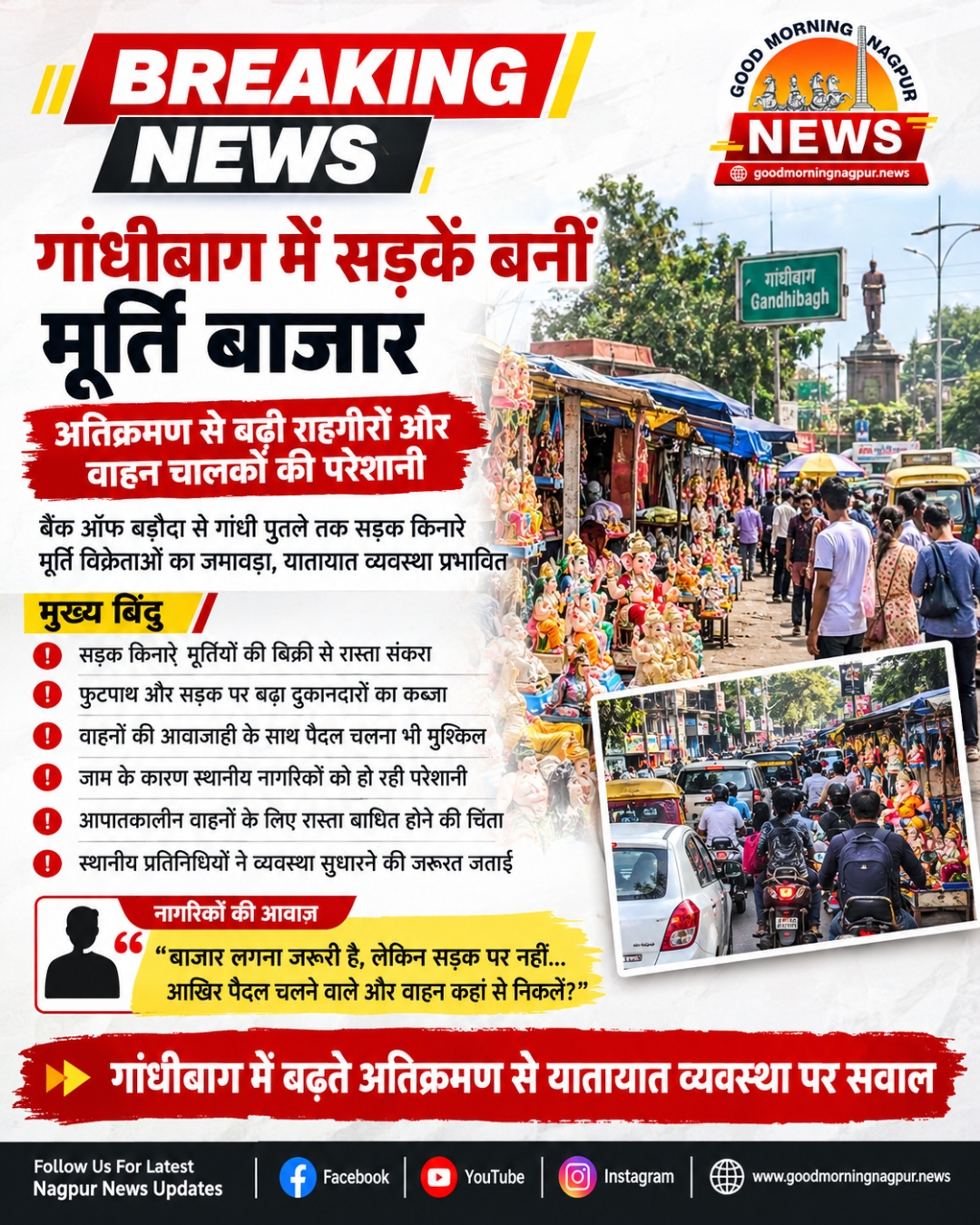 गांधीबाग में सड़कें बनीं मूर्ति बाजार अतिक्रमण से यातायात व्यवस्था प्रभावित