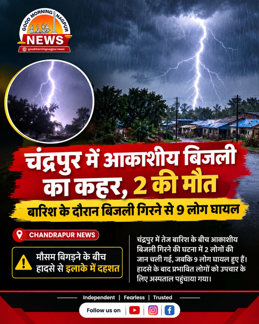 चंद्रपुर में आकाशीय बिजली का कहर 2 लोगों की मौत 9 घायल