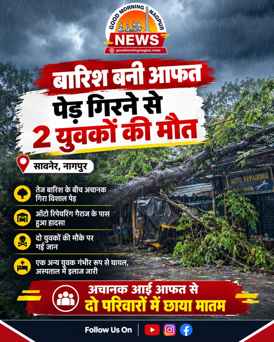 सावनेर में बारिश बनी आफत पेड़ गिरने से 2 युवकों की मौत