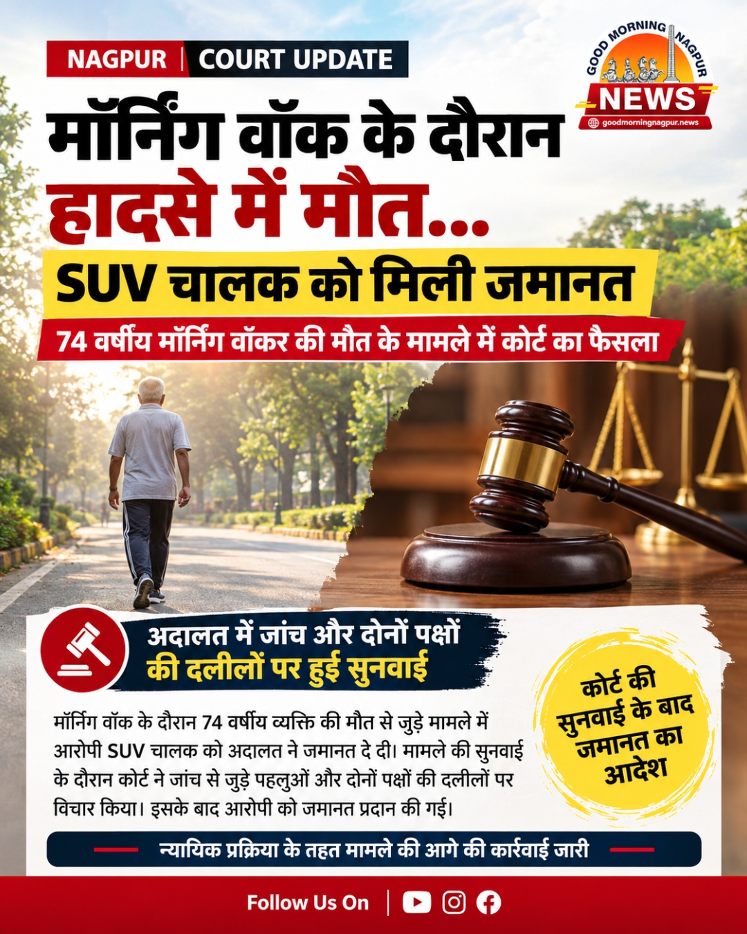मॉर्निंग वॉक के दौरान 74 वर्षीय व्यक्ति की मौत के मामले में SUV चालक को जमानत