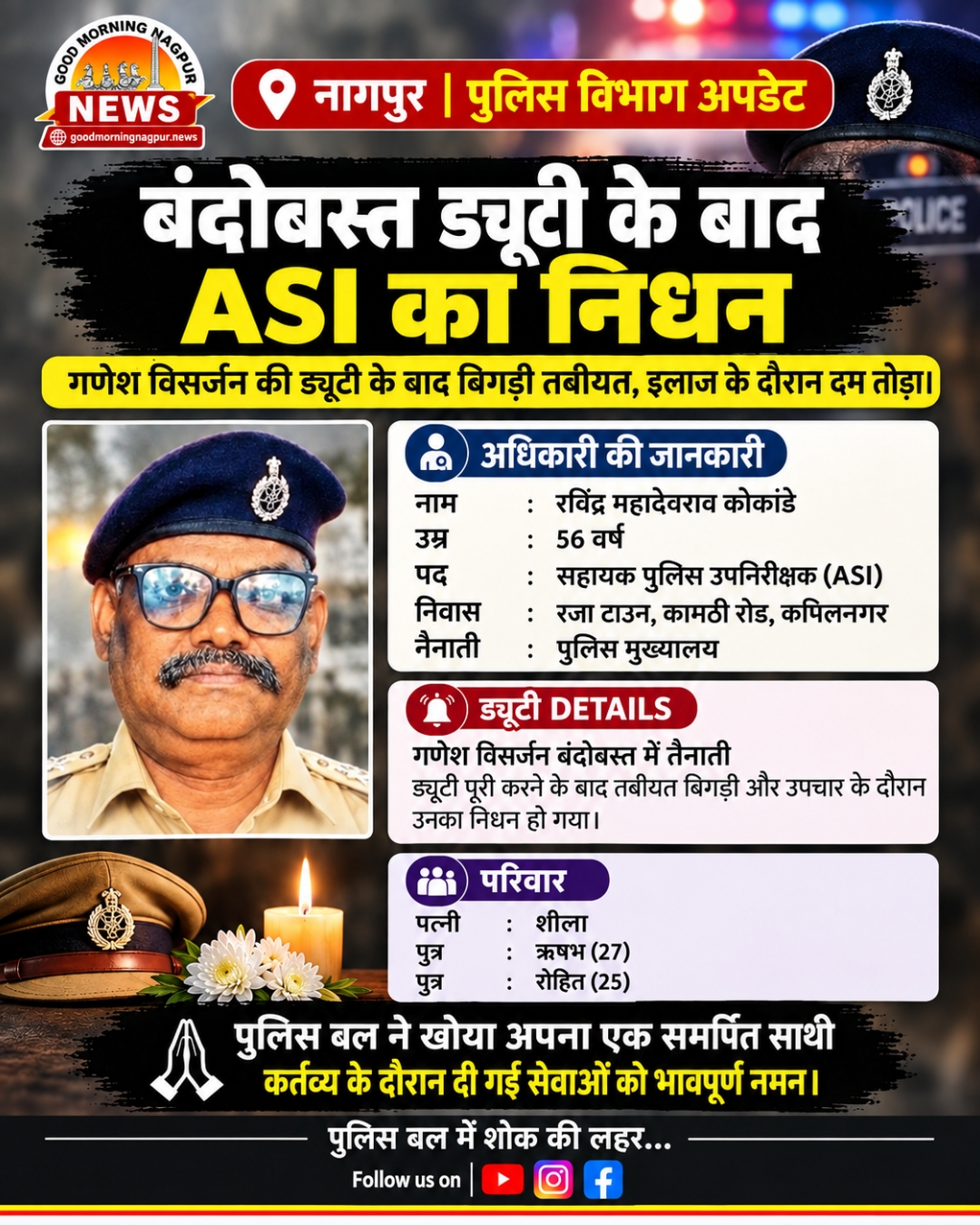 गणेश विसर्जन बंदोबस्त ड्यूटी के बाद ASI का निधन पुलिस विभाग में शोक